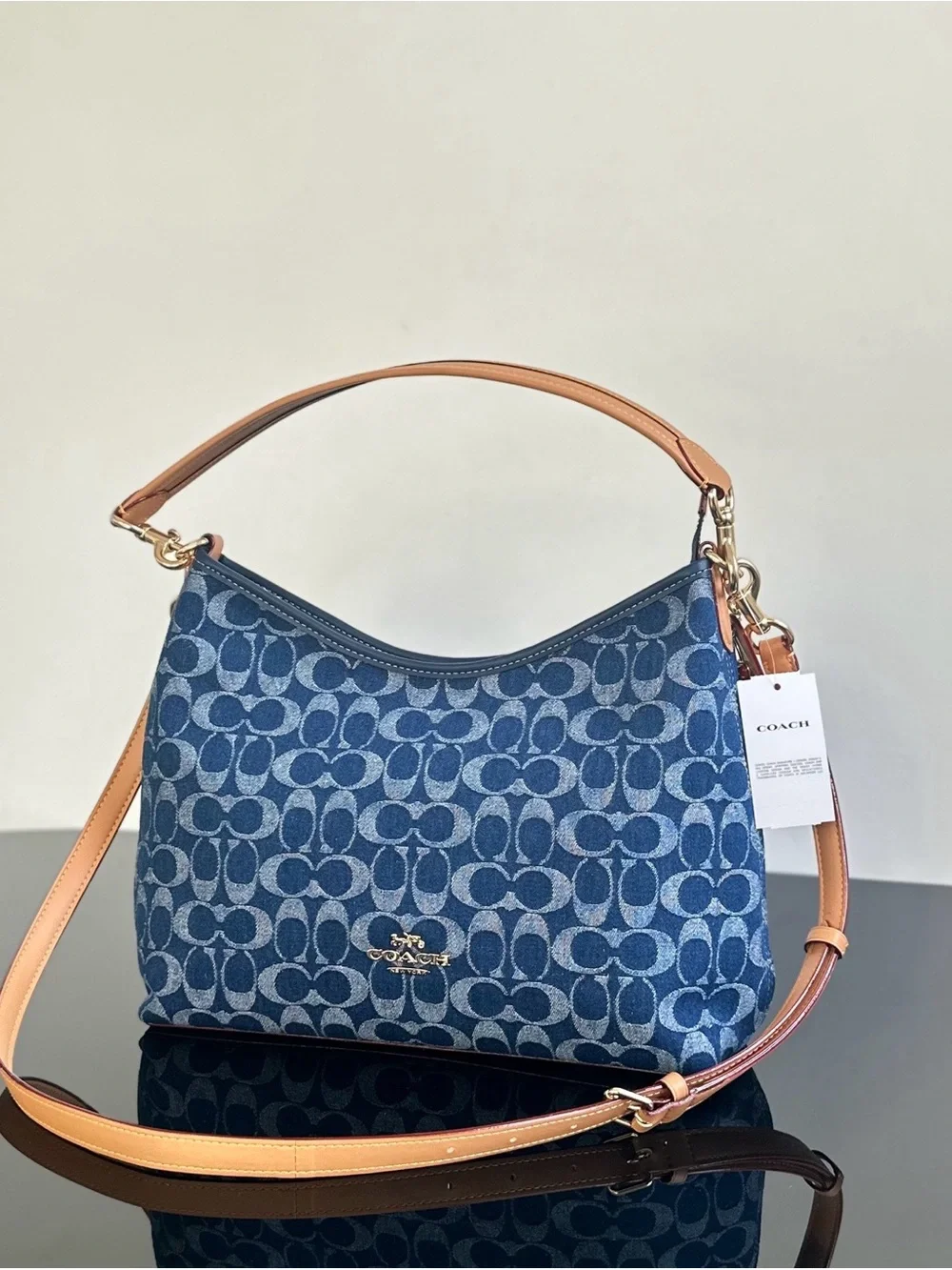 Coach Blue Signature Denim Shoulder Hobo with Tan Leather Strap